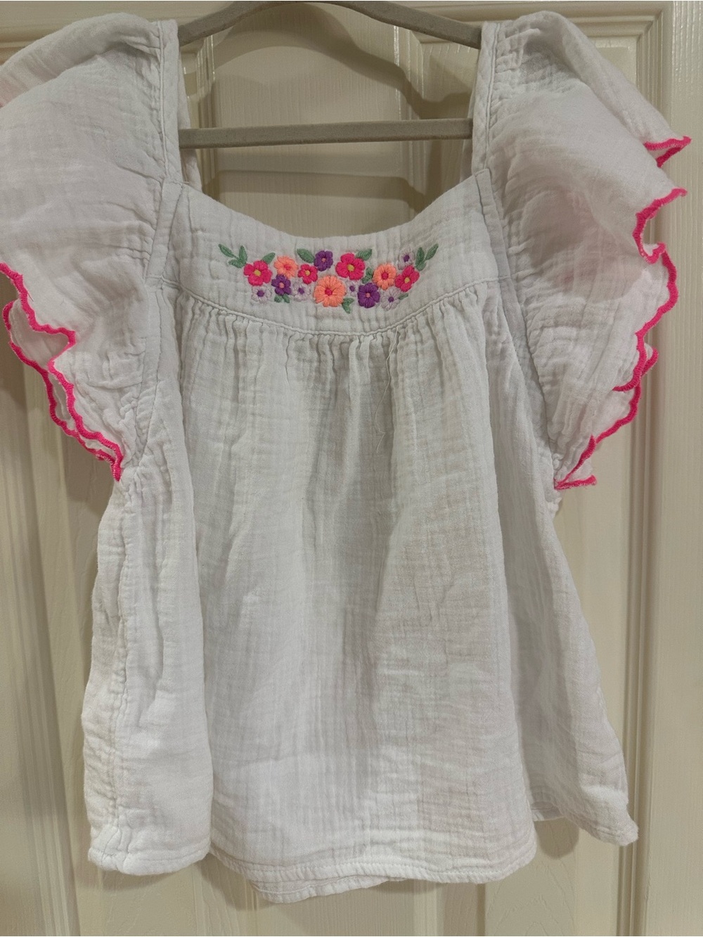 Cat & Jack White Gauze Peasant Top with Pink Floral Embroidery